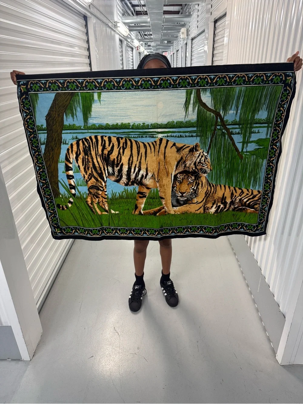 Tiger Print Tapestry Throw with Green & Blue Scenic Design